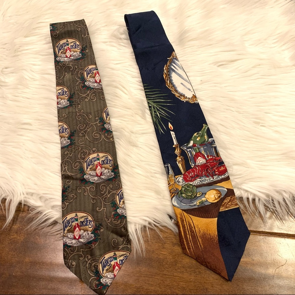 Tabasco Neck Tie Lot of 2 100% Silk Louisiana Hot Sauce Seafood Oysters Gift